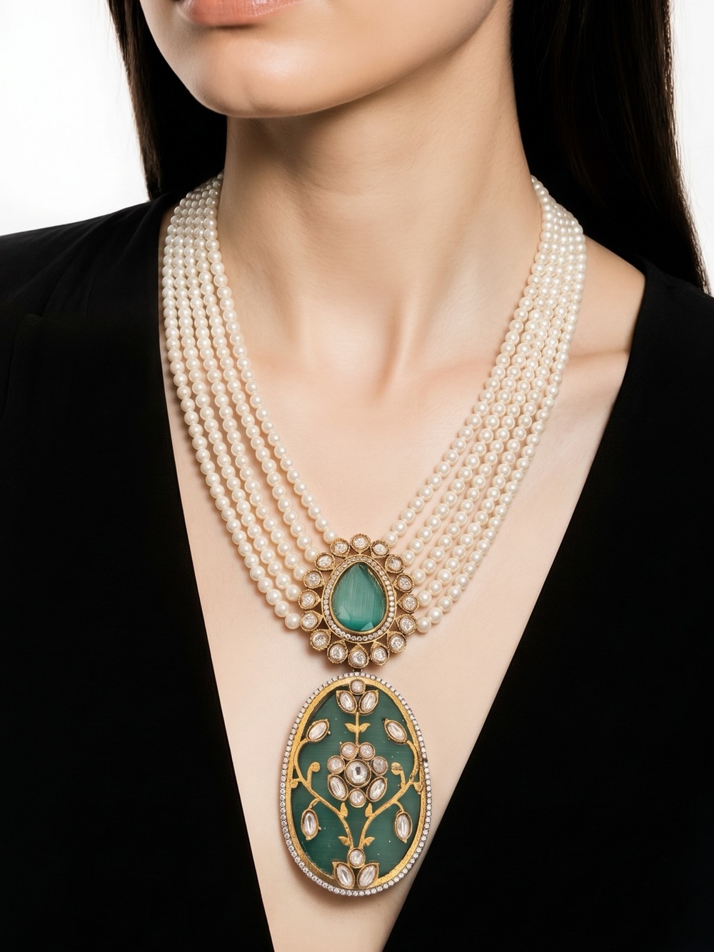 Multi-Strand Pearl Necklace set with Green Enamel Pendant by